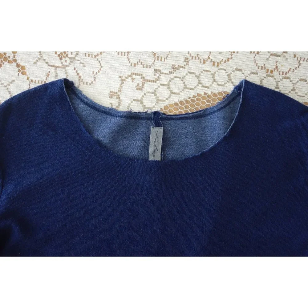 Raquel Allegra Indigo Blue Silk Hem Short Sleeve Tee Shirt size 3 US Large - Picture 3 of 4
